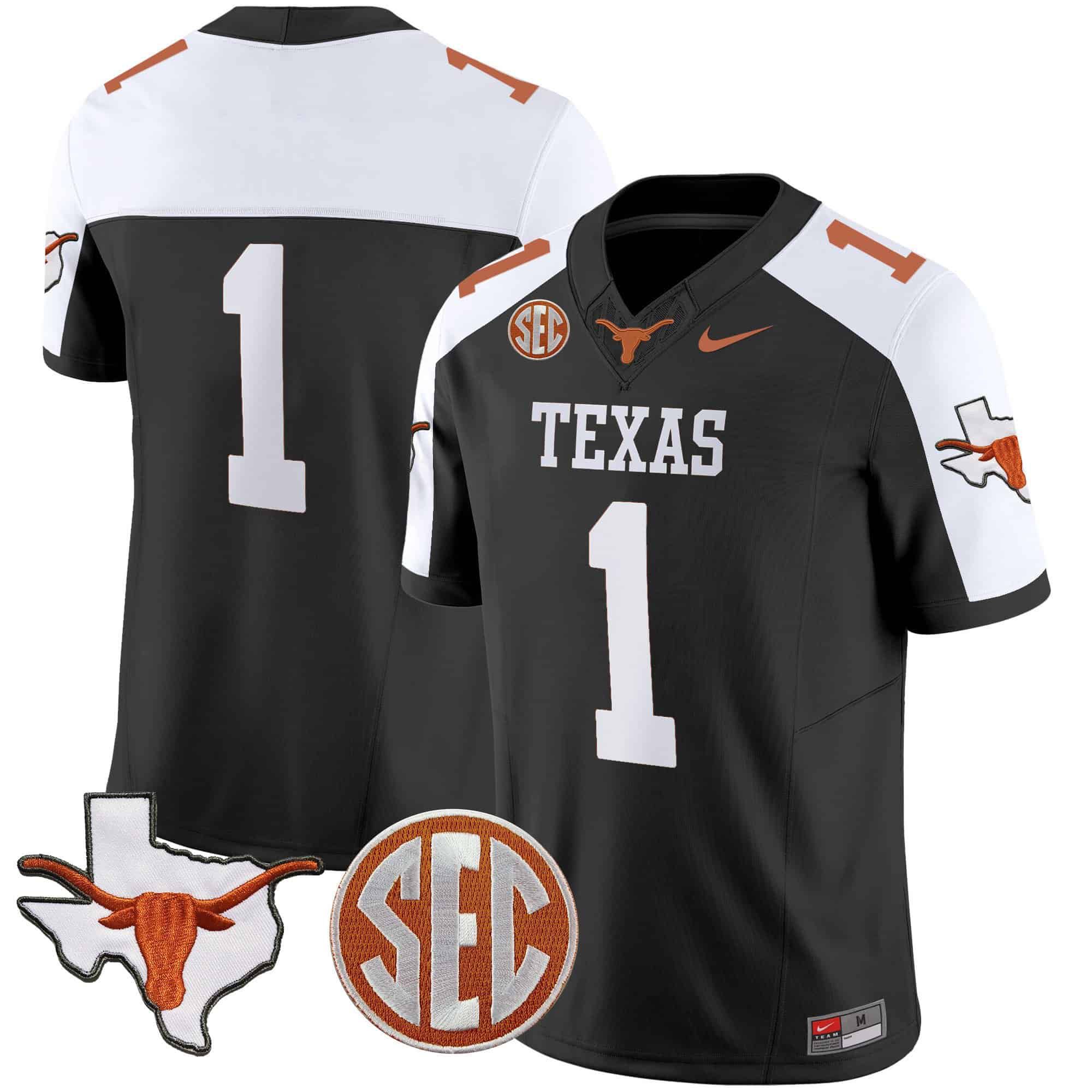 Men Texas Longhorns 1 No Name Black 2024 Nike State Map & SEC Patch Vapor NCAA Jersey
